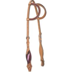 Western Rawhide Country Legend Gator And Feathers Double Ear Headstall - Golden/Pink