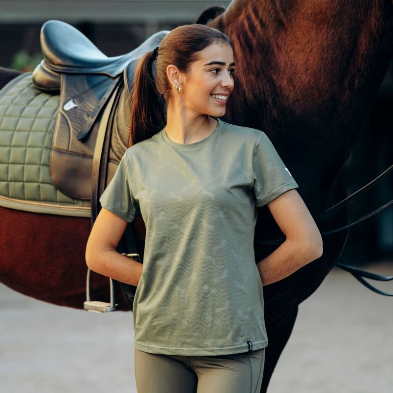 Horze Women's Nina Technical T-Shirt W/Horse Prints - Olivine Green 5 Horze Women's Nina Technical T-Shirt W/Horse Prints - Olivine Green - Image 3