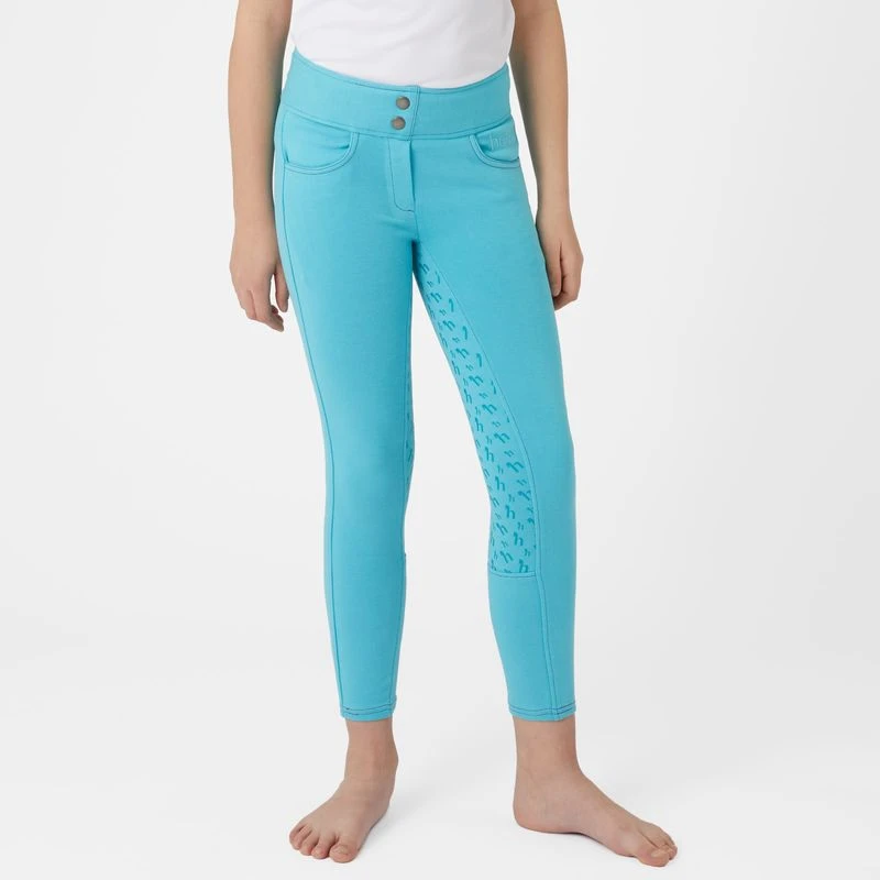 Horze Kids' Marlee Pull-on Full Seat Tights W/Contrast Stitching - Aqua Blue 3 Horze Kids' Marlee Pull-on Full Seat Tights W/Contrast Stitching - Aqua Blue