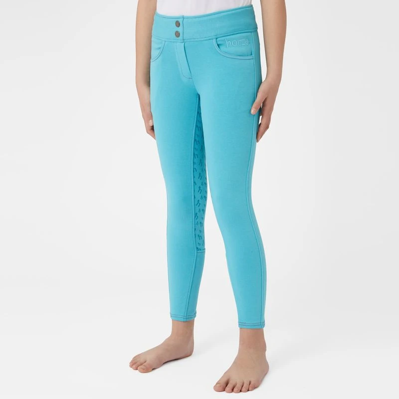 Horze Kids' Marlee Pull-on Full Seat Tights W/Contrast Stitching - Aqua Blue 4 Horze Kids' Marlee Pull-on Full Seat Tights W/Contrast Stitching - Aqua Blue - Image 2