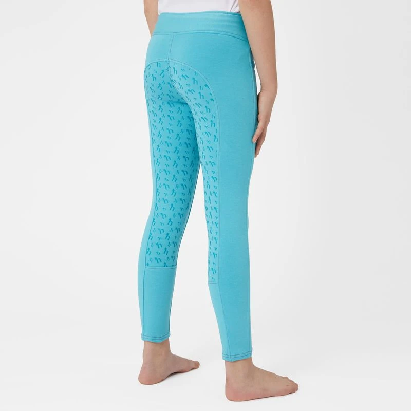 Horze Kids' Marlee Pull-on Full Seat Tights W/Contrast Stitching - Aqua Blue 5 Horze Kids' Marlee Pull-on Full Seat Tights W/Contrast Stitching - Aqua Blue - Image 3