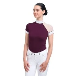 Cavalliera Women's Modern Dame Short Sleeve Show Shirt - Burgundy/White/Burgundy