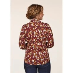 EQL Women's Ruched Button Front Long Sleeve Shirt - Sangria Snaffle Floral -Equestrian Supplies Shop 698682 800 800